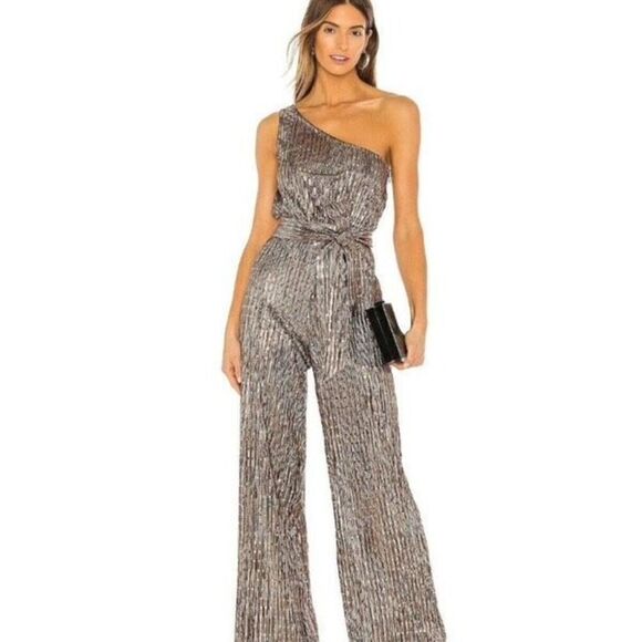 Lovers + Friends Pants - Lovers + Friends Jones Jumpsuit Metallic Bronze Rose Gold Cold Shoulder Glam XXS